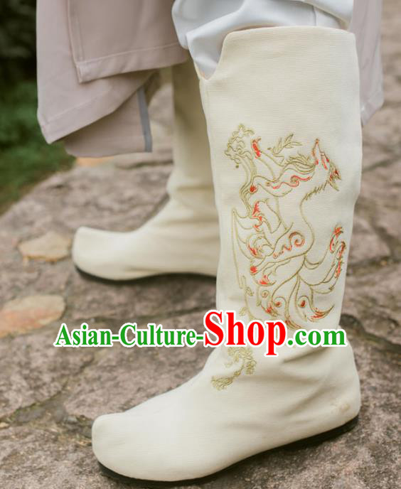 Chinese Traditional White Cloth Shoes Ancient Swordsman Hanfu Embroidered Boots for Men