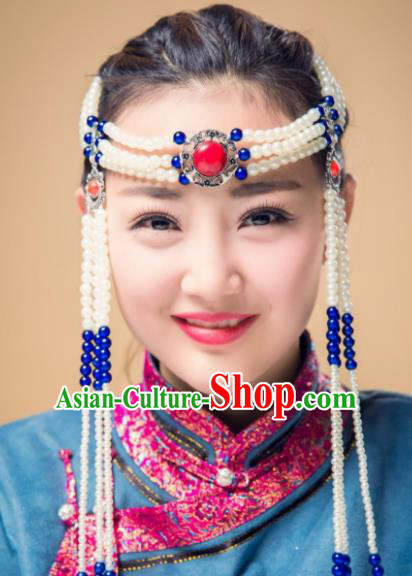 Chinese Traditional Folk Dance Pearls Tassel Hair Accessories, Mongolian Minority Princess Headwear for Women