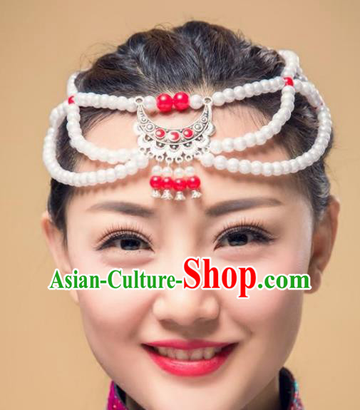 Chinese Traditional Folk Dance Pearls Hair Accessories, Mongolian Minority Dance Headwear for Women