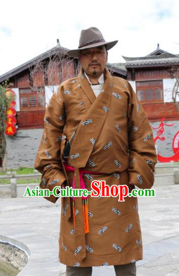 Chinese Traditional Tibetan Minority Wedding Costume Zang Nationality Brown Brocade Tibetan Robe for Men