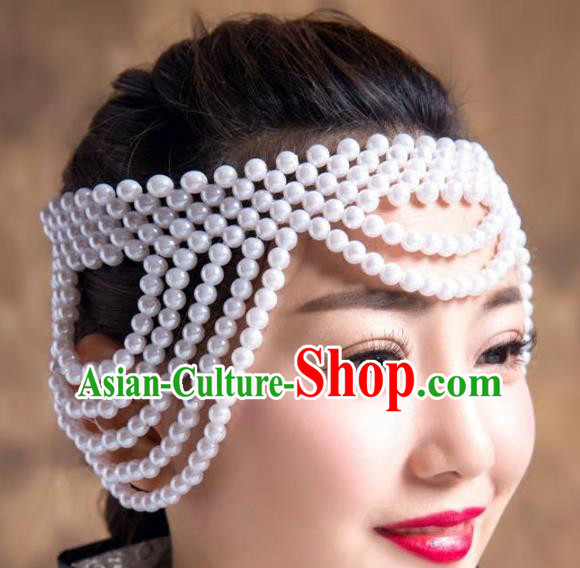 Chinese Traditional Folk Dance Hair Accessories White Beads Hair Clasp, Mongolian Minority Dance Headwear for Women