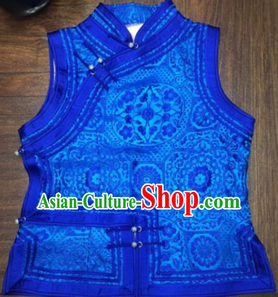 Chinese Traditional Female Ethnic Costume Blue Vest, China Mongolian Minority Folk Dance Waistcoat Clothing for Women