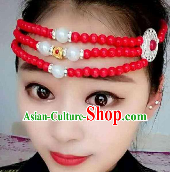 Chinese Traditional Ethnic Folk Dance Hair Accessories Red Beads Hair Clasp, Mongolian Minority Dance Headwear for Women