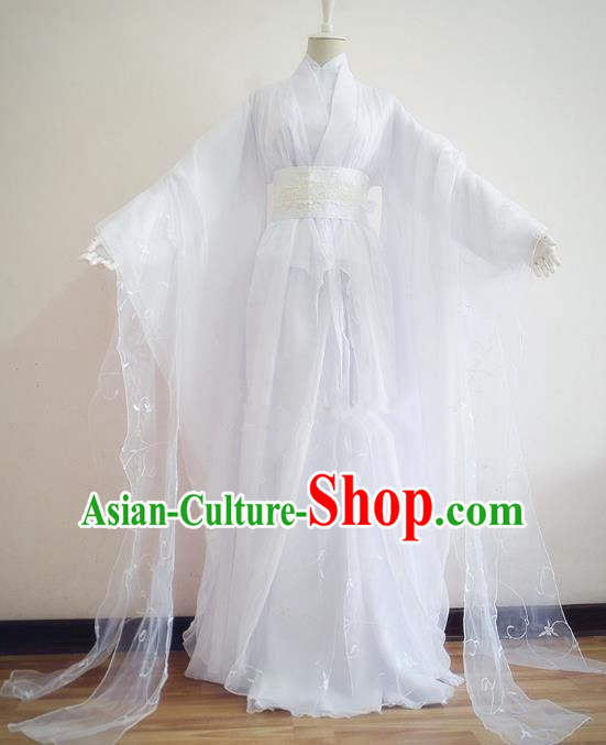 Chinese Traditional Han Dynasty Swordswoman White Hanfu Dress Ancient Fairy Clothing for Women