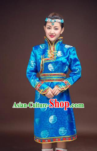 Chinese Traditional Female Ethnic Costume, China Mongolian Minority Folk Dance Blue Clothing for Women