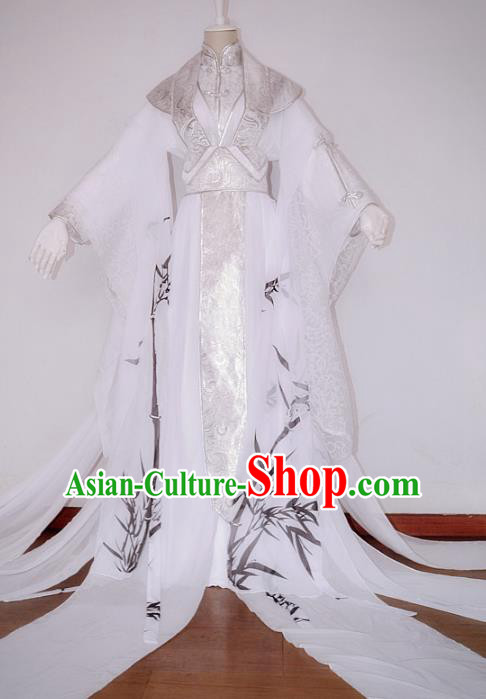 Chinese Han Dynasty Nobility Childe White Hanfu Ancient Swordsman Printing Bamboo Clothing for Men