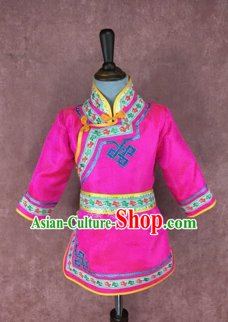 Chinese Traditional Ethnic Costume Children Rosy Mongolian Robe, China Mongolian Minority Folk Dance Clothing for Kids