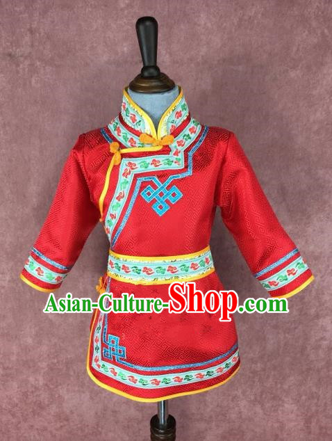 Chinese Traditional Ethnic Costume Children Red Mongolian Robe, China Mongolian Minority Folk Dance Clothing for Kids