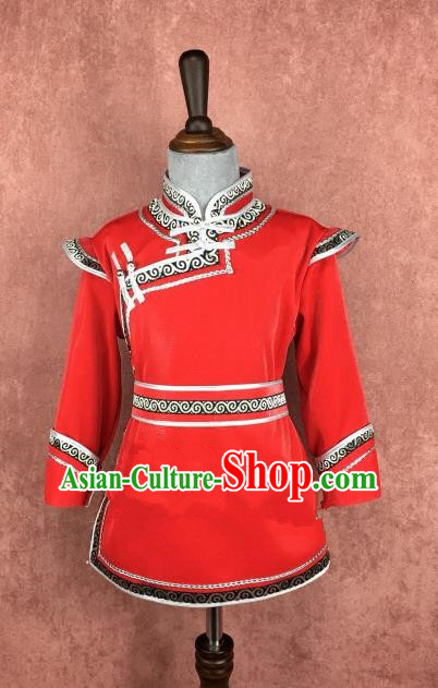 Chinese Traditional Girls Ethnic Costume Red Mongolian Robe, China Mongolian Minority Folk Dance Clothing for Kids