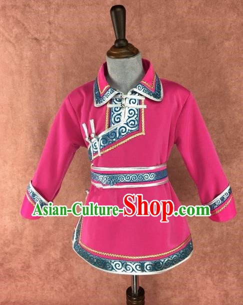 Chinese Traditional Children Ethnic Costume Rosy Mongolian Robe, China Mongolian Minority Folk Dance Clothing for Kids