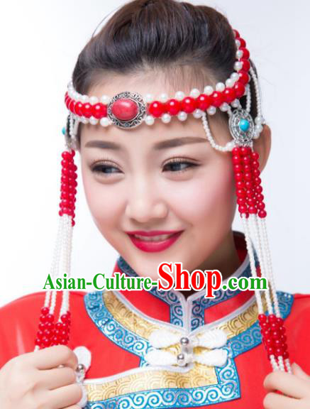 Traditional Chinese Folk Dance Red Beads Tassel Hair Accessories, Mongolian Minority Hair Jewelry Dance Headwear for Women