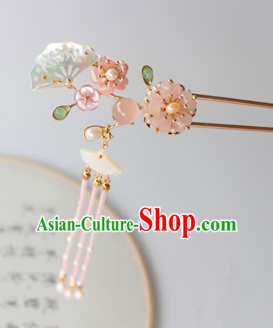Chinese Ancient Handmade Shell Fan Hair Clip Hair Accessories Hanfu Tassel Hairpins for Women