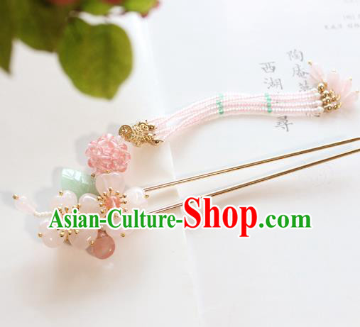 Chinese Ancient Handmade Palace Pink Beads Tassel Hair Clip Hair Accessories Hanfu Hairpins for Women