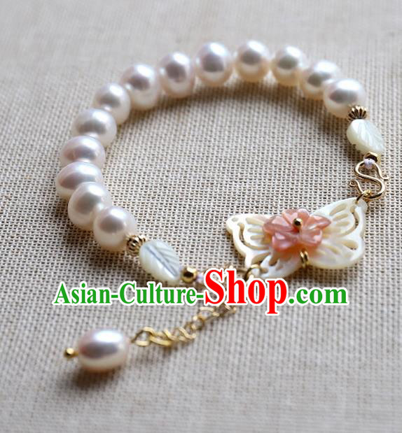 Chinese Ancient Handmade Classical Shell Butterfly Brace Lace Accessories Hanfu Pearls Bracelets for Women