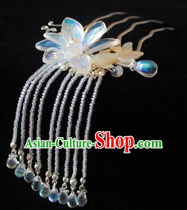 Chinese Ancient Handmade Classical Lotus Hair Comb Hair Accessories Hanfu Tassel Hairpins for Women