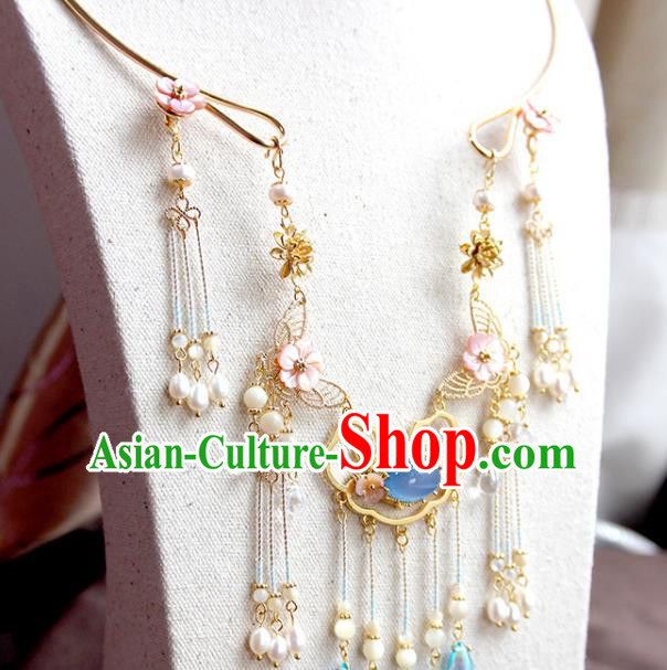 Chinese Ancient Handmade Hanfu Accessories Pearls Tassel Necklace Conophytum Pucillum for Women