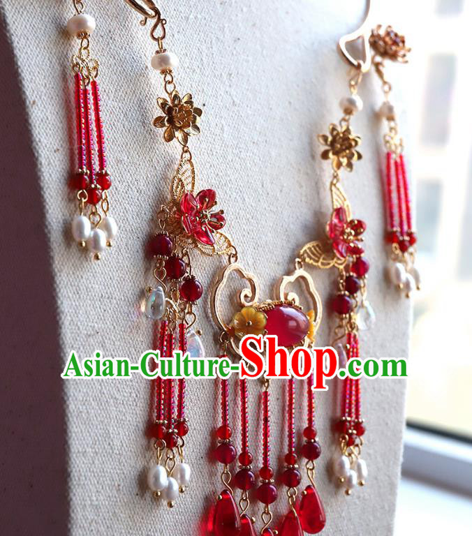 Chinese Ancient Handmade Hanfu Accessories Red Beads Tassel Necklace Conophytum Pucillum for Women