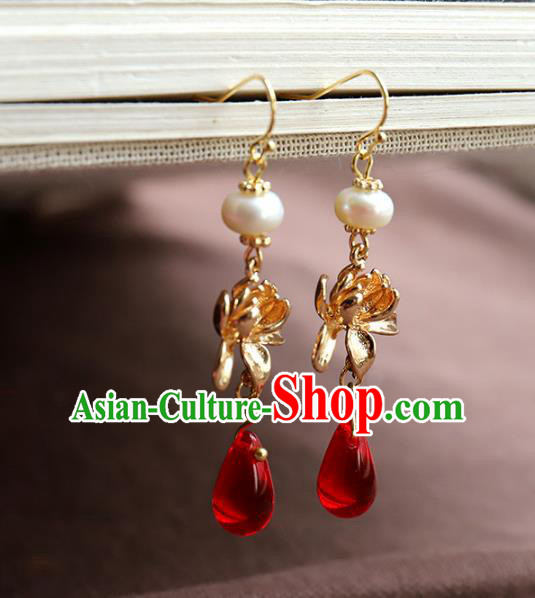 Chinese Ancient Handmade Classical Earrings Accessories Hanfu Red Eardrop for Women