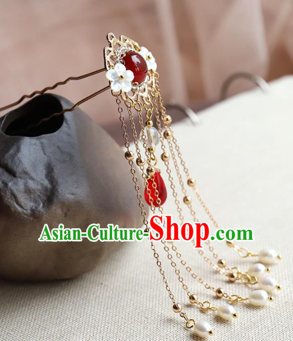 Chinese Ancient Handmade Classical Red Crystal Hair Clip Hair Accessories Pearls Tassel Step Shake Hanfu Hairpins for Women