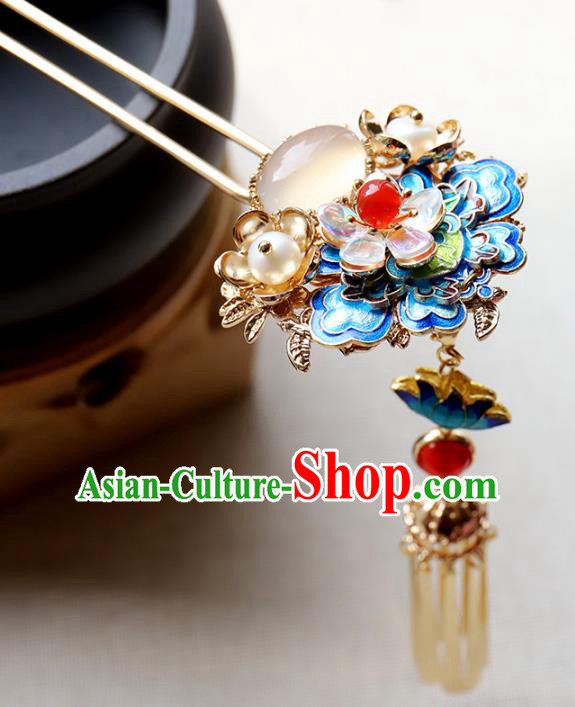 Chinese Ancient Handmade Bride Hair Clip Classical Hair Accessories Hanfu Blueing Flowers Hairpins for Women