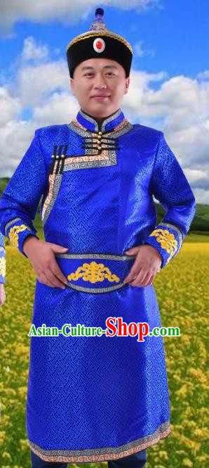 Chinese Mongol Nationality Costume Royalblue Mongolian Robe Traditional Mongolian Minority Folk Dance Clothing for Men