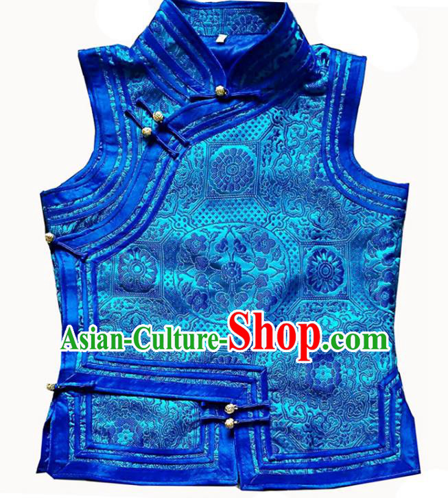 Chinese Mongol Nationality Blue Vest Costume Traditional Mongolian Minority Dress for Women