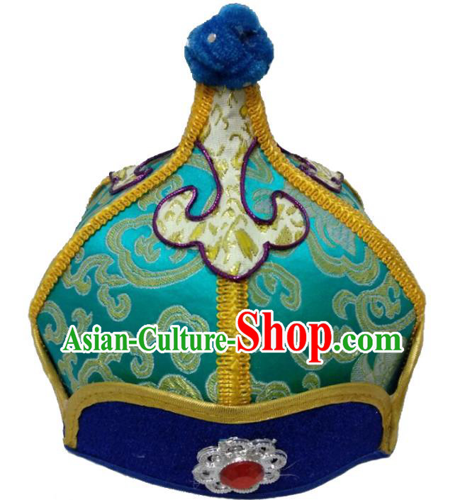 Chinese Handmade Mongol Nationality Wedding Hats Mongolian Prince Green Hats for Men