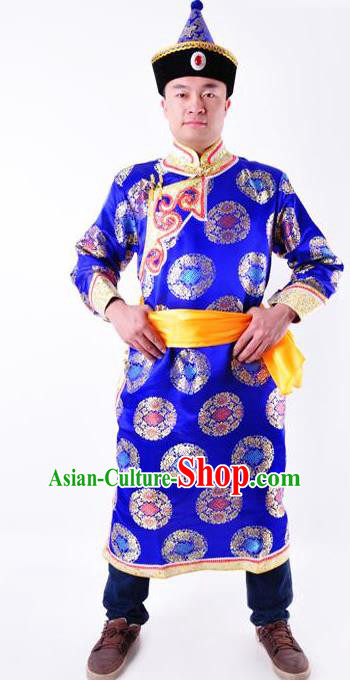 Chinese Mongol Nationality Costume Traditional Mongolian Minority Folk Dance Royalblue Robe for Men