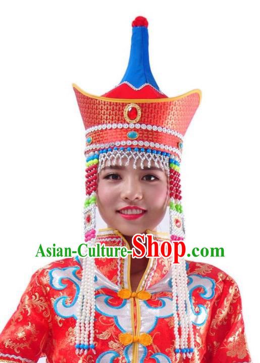 Chinese Handmade Mongol Nationality Wedding Red Hats Mongolian Bride Hats for Women