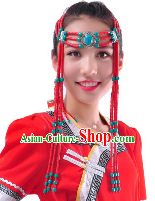 Chinese Handmade Mongol Nationality Hair Accessories Mongolian Red Beads Tassel Hair Clasp for Women