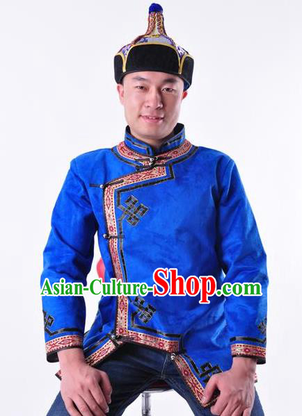 Chinese Mongol Nationality Costume Traditional Mongolian Minority Folk Dance Blue Coat for Men