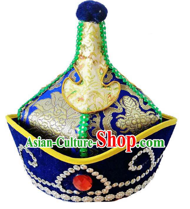 Chinese Handmade Mongol Nationality Wedding Blue Hats Mongolian Royal Highness Hats for Men