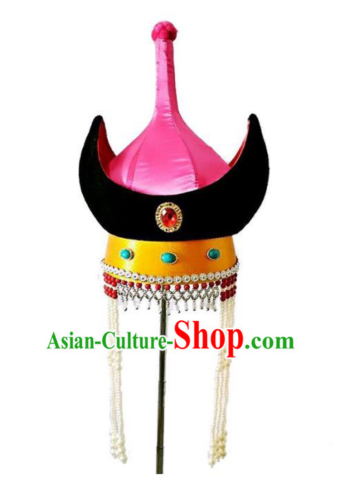 Chinese Handmade Mongol Nationality Wedding Hats Mongolian Pink Hats for Women