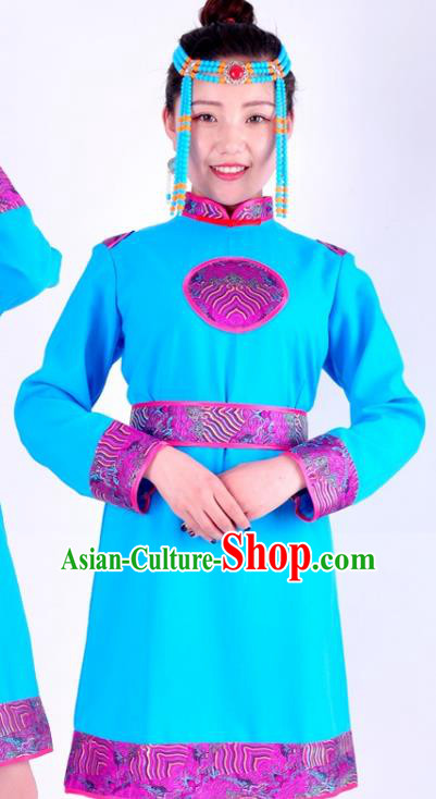 Chinese Mongol Nationality Costume Traditional Mongolian Minority Sky Blue Dress for Women