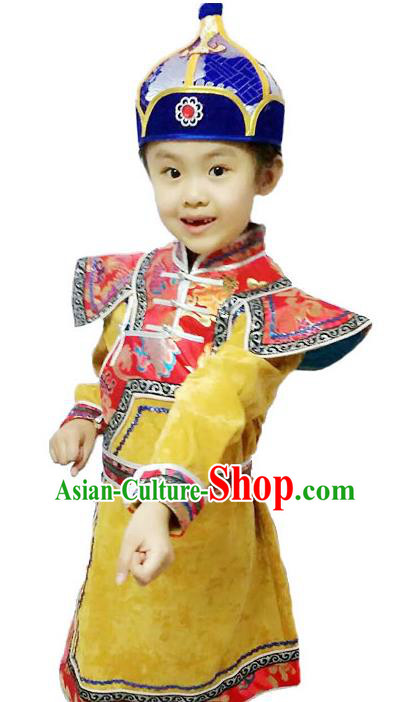 Chinese Mongol Nationality Costume Traditional Mongolian Minority Folk Dance Yellow Mongolian Robe for Kids