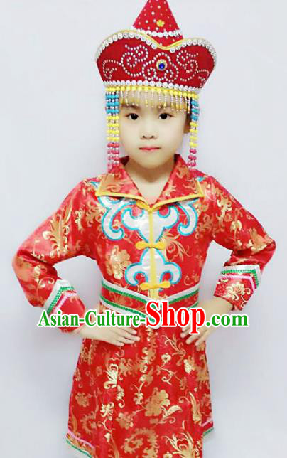 Chinese Mongol Nationality Costume Red Mongolian Robe Traditional Mongolian Minority Clothing for Kids