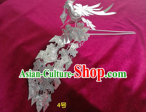 Chinese Traditional Miao Nationality Hair Accessories, Hmong Sliver Long Tassel Hairpins Headwear for Women