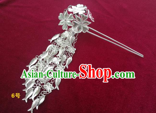 Chinese Traditional Miao Nationality Hair Accessories, Hmong Sliver Fishes Tassel Flowers Hairpins Headwear for Women