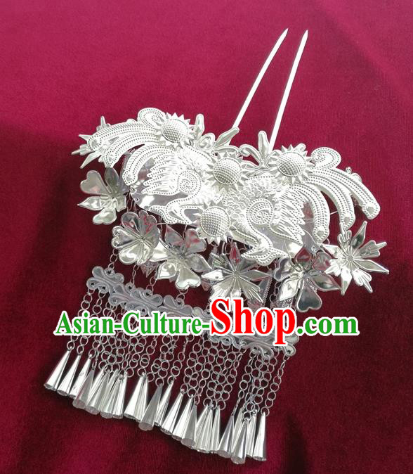 Chinese Traditional Miao Nationality Hair Accessories, Hmong Sliver Bells Tassel Hairpins Headwear for Women