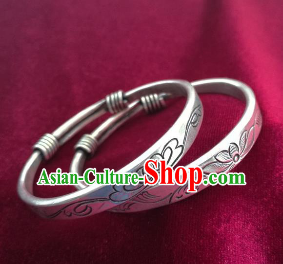 Chinese Miao Nationality Silver Ornaments Traditional Hmong Carving Bracelets Accessories for Women