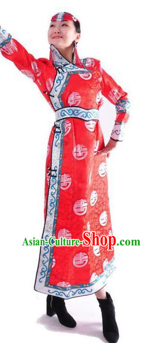 Chinese Mongol Nationality Folk Dance Costume Traditional Red Mongolian Robe for Women