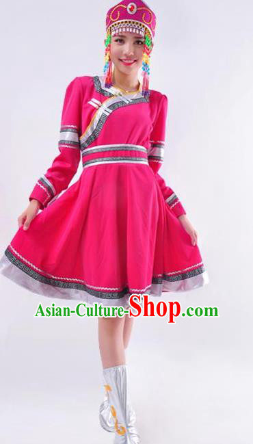Chinese Mongol Nationality Folk Dance Costume Traditional Minority Rosy Mongolian Dress for Women