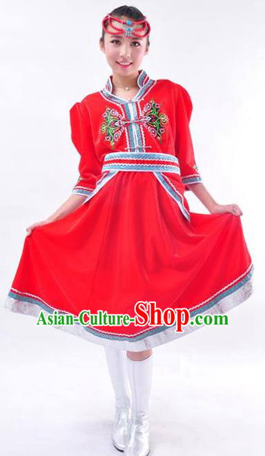 Chinese Mongol Nationality Folk Dance Costume Traditional Minority Red Mongolian Dress for Women