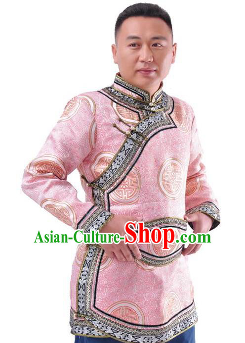 Chinese Mongol Nationality Costume Traditional Mongolian Royal Highness Pink Coat for Men