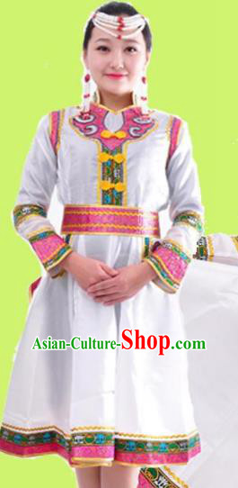 Chinese Mongol Nationality Folk Dance White Dress Costume Traditional Mongolian Minority Clothing for Women