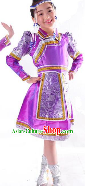 Chinese Mongol Nationality Folk Dance Costume Traditional Mongolian Minority Purple Mongolian Robe for Kids