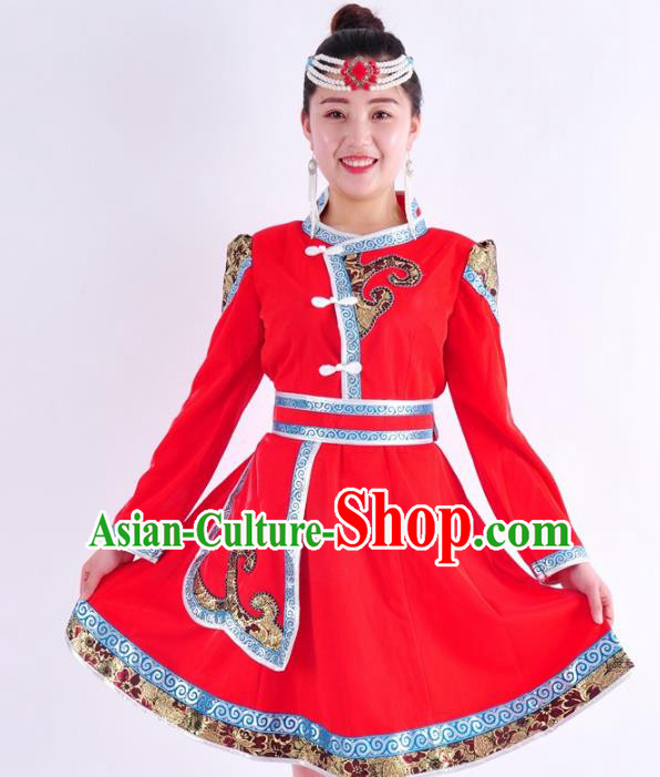 Chinese Mongol Nationality Costume Traditional Mongolian Folk Dance Red Mongolian Robe for Women