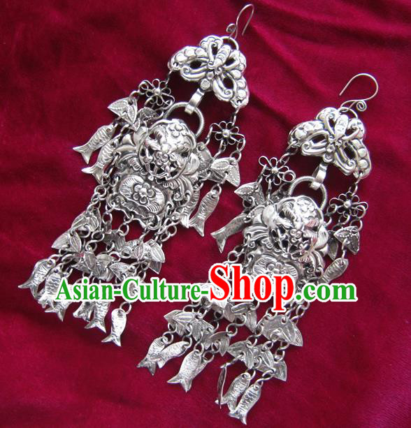 Chinese Handmade Miao Nationality Jewelry Accessories Hmong Sliver Fishes Tassel Earrings for Women