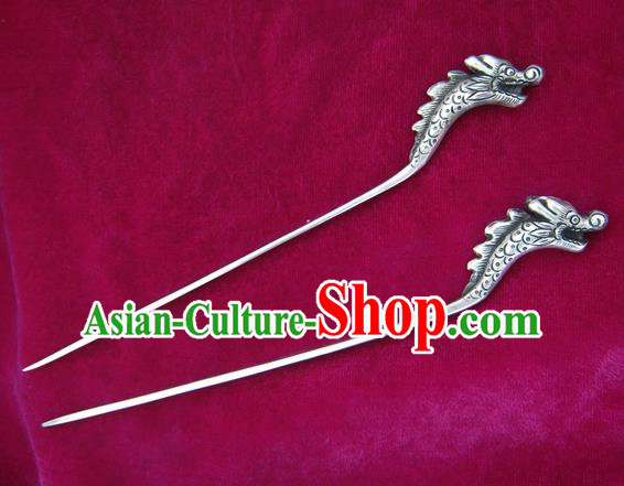Chinese Traditional Miao Nationality Hair Accessories Hmong Sliver Dragon Hairpins Headwear for Women