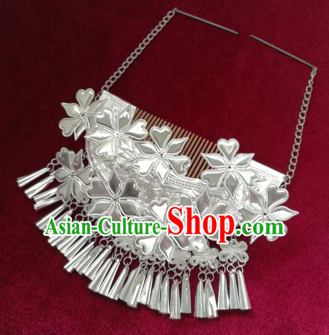 Chinese Traditional Miao Nationality Hair Accessories Flowers Hair Comb Hmong Sliver Bells Tassel Hairpins for Women